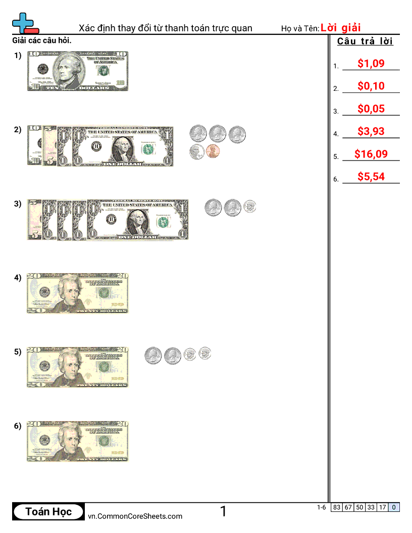 Xác định tiền thối từ thanh toán bằng hình ảnh worksheet preview