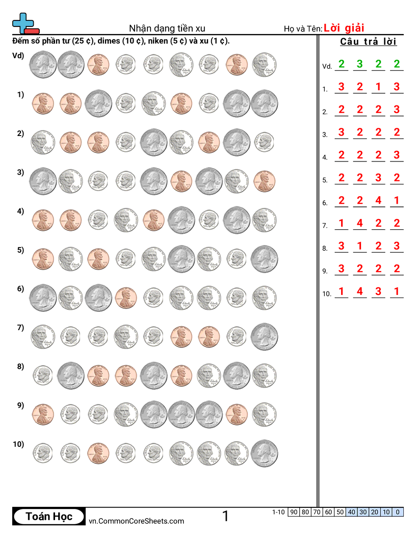 Xác định tiền xu worksheet preview
