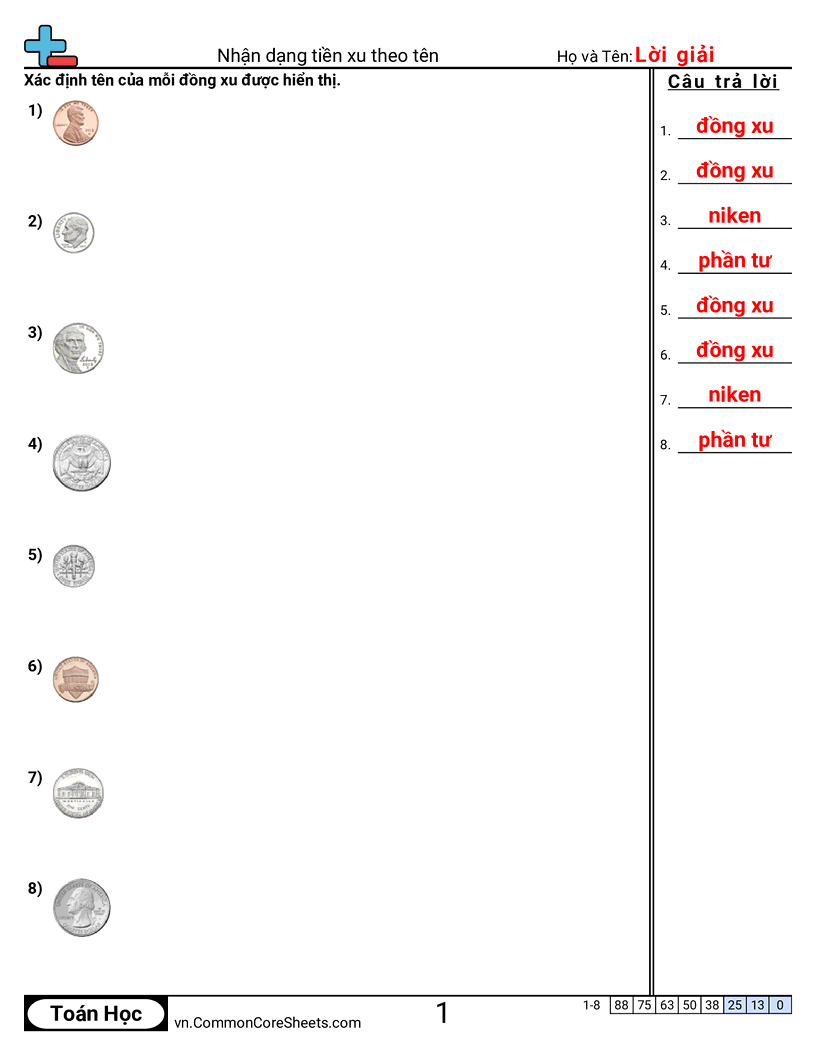 Xác định tiền xu theo tên worksheet preview