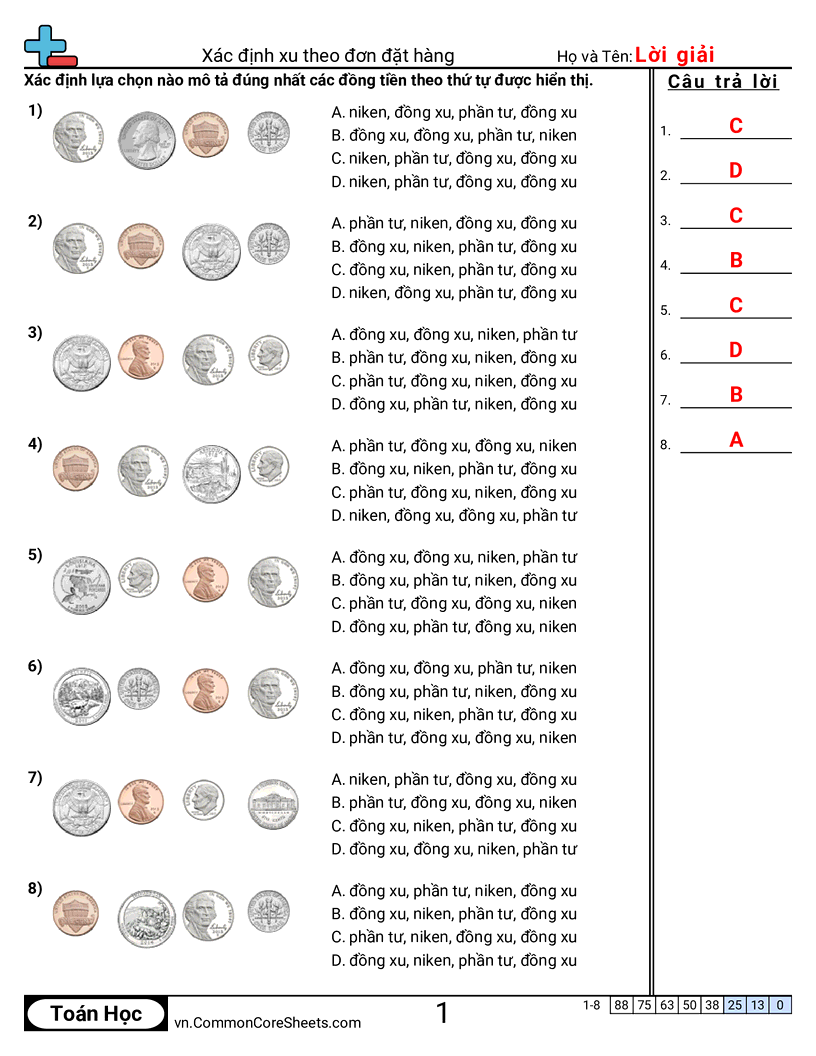Xác định tiền xu theo thứ tự worksheet preview