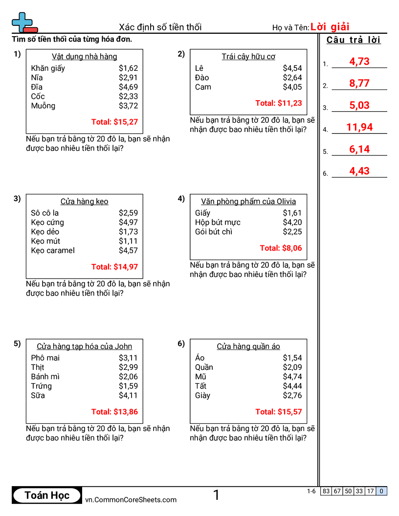 Tiền thối trên hóa đơn worksheet preview