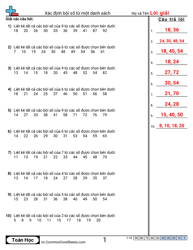 Xác định các bội số từ một danh sách worksheet preview
