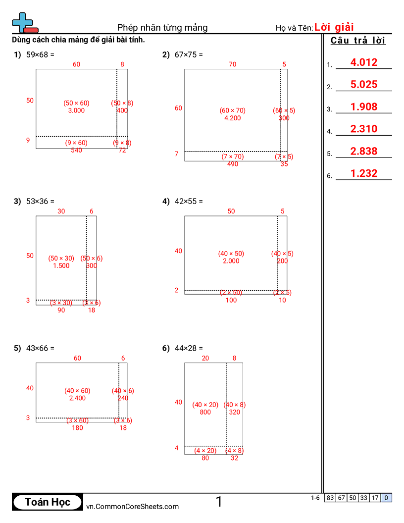 Trang về phép nhân - nhan-bang-mang worksheet