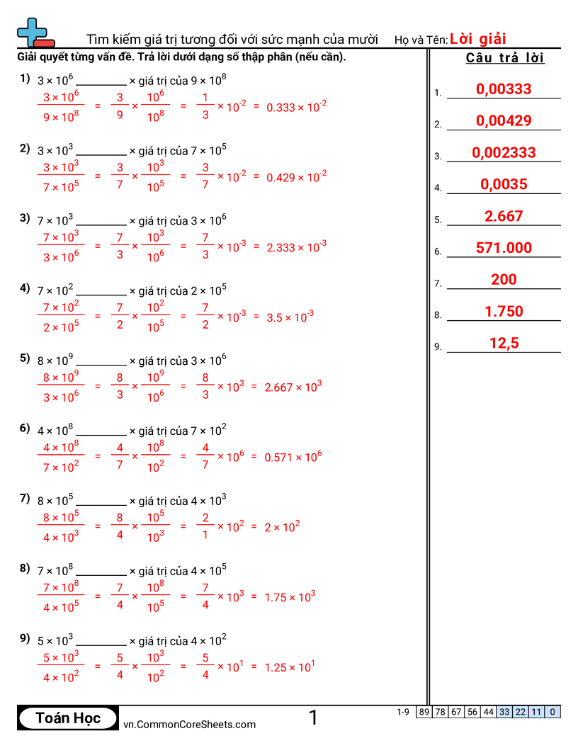 Tìm giá trị tương đối với lũy thừa của 10 worksheet preview