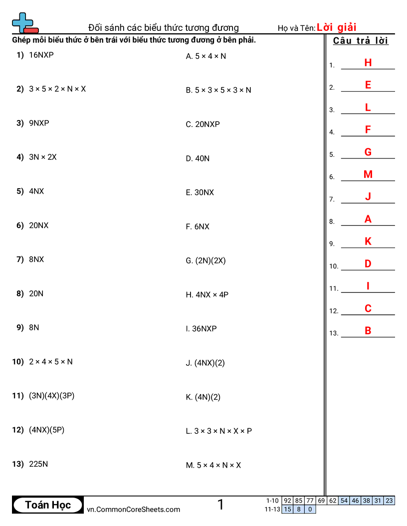 Ghép các biểu thức tương đương worksheet preview