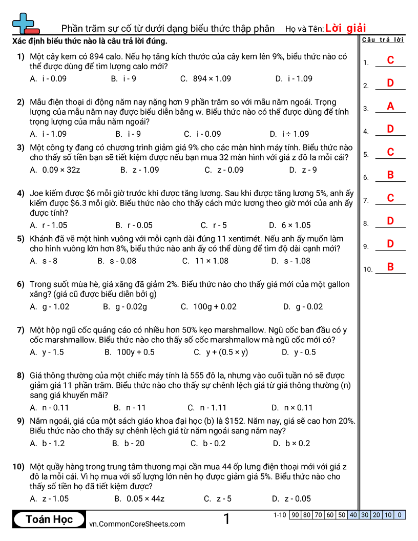 Bài toán phần trăm dưới dạng biểu thức thập phân worksheet preview