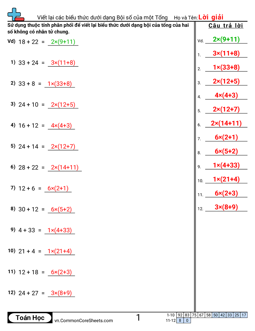 Viết lại biểu thức thành bội của một tổng worksheet preview
