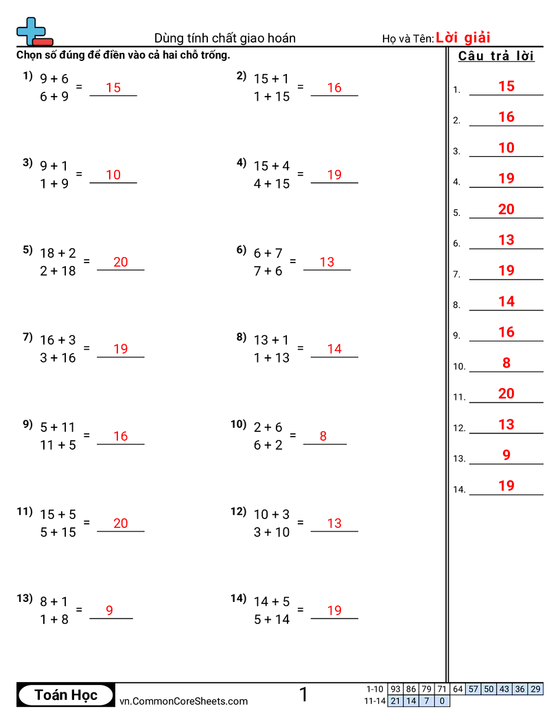 Dùng tính chất giao hoán worksheet preview