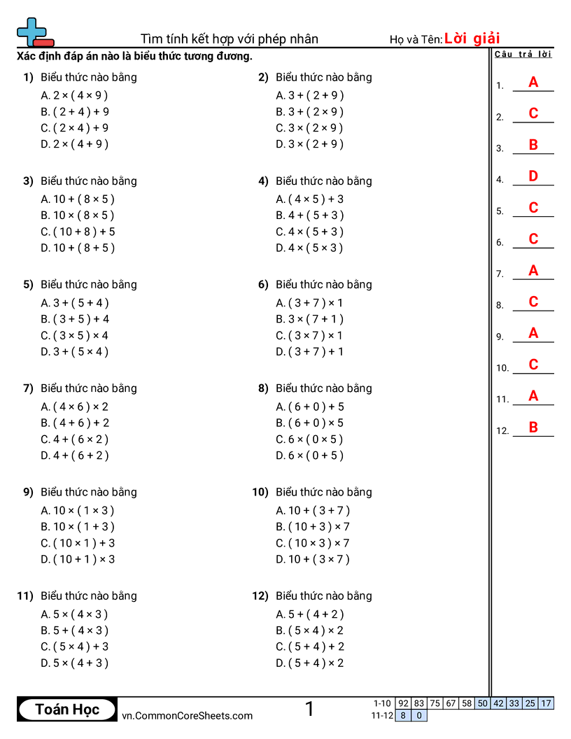 Tìm tính chất kết hợp của phép nhân worksheet preview