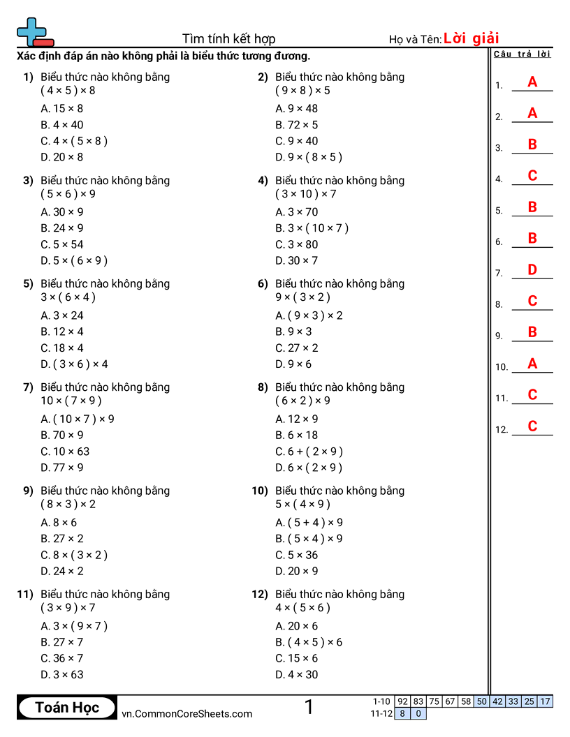 Tìm tính chất kết hợp tương đương worksheet preview