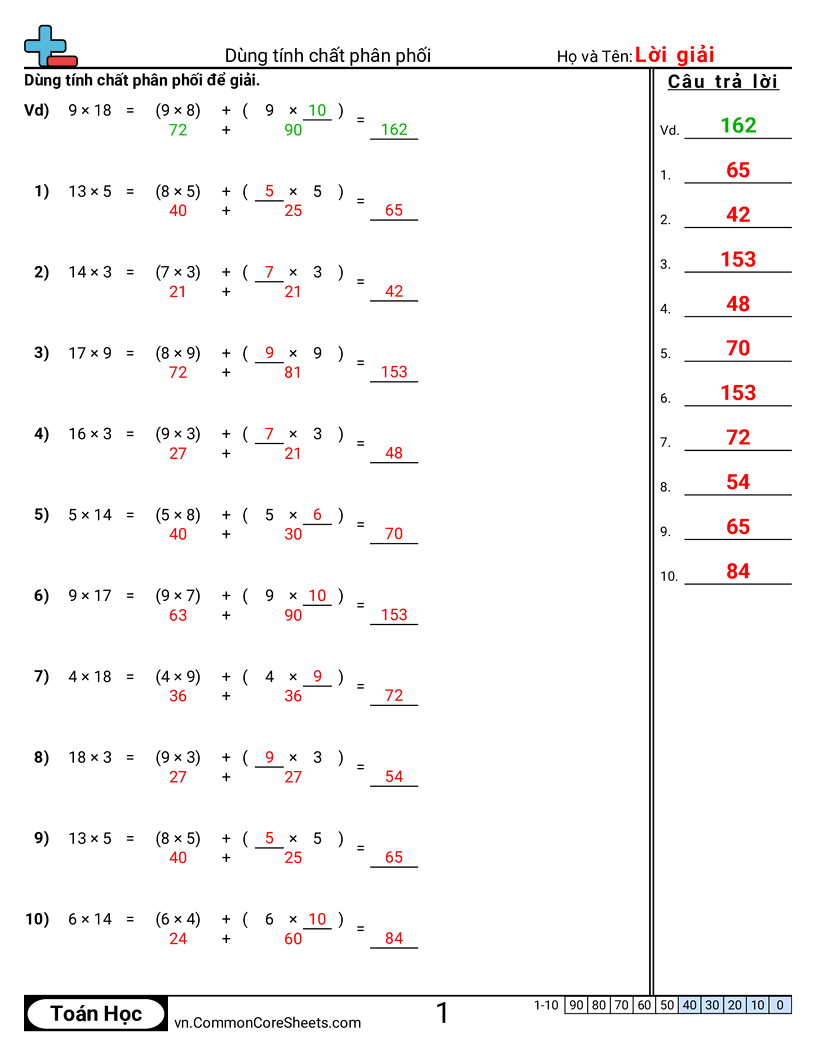 Dùng tính chất phân phối worksheet preview