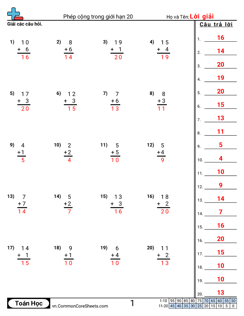 Trang về phép cộng - cong-trong-pham-vi-20 worksheet