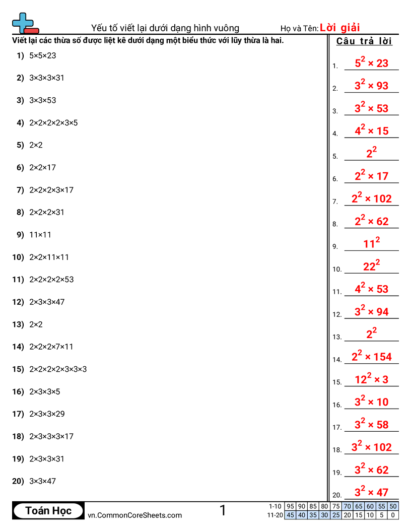 Viết lại thừa số thành bình phương worksheet preview