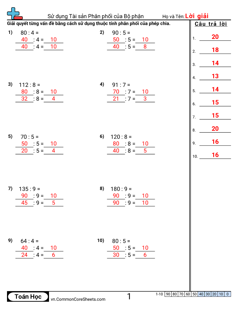 Dùng tính chất phân phối của phép chia worksheet preview