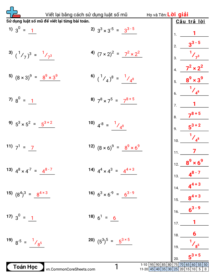 Viết lại bằng các quy tắc của số mũ worksheet preview