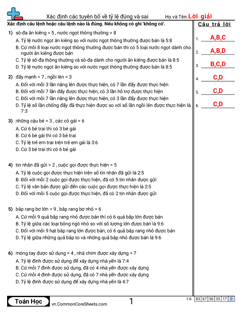 Xác định đúng và sai về phát biểu tỉ lệ worksheet preview