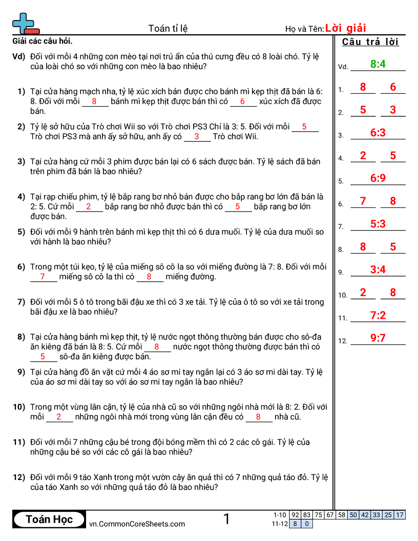 Cách diễn đạt về tỉ lệ worksheet preview