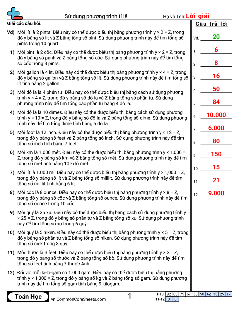 Dùng phương trình tỉ lệ worksheet preview