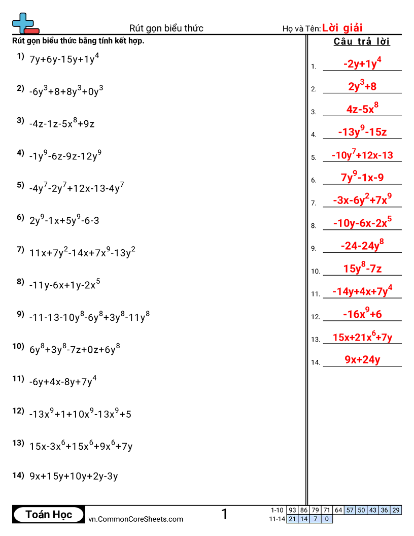 Rút gọn biểu thức worksheet preview