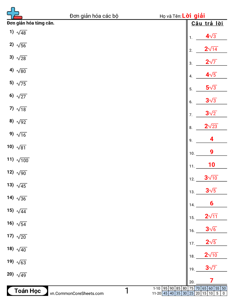 Rút gọn căn thức worksheet preview