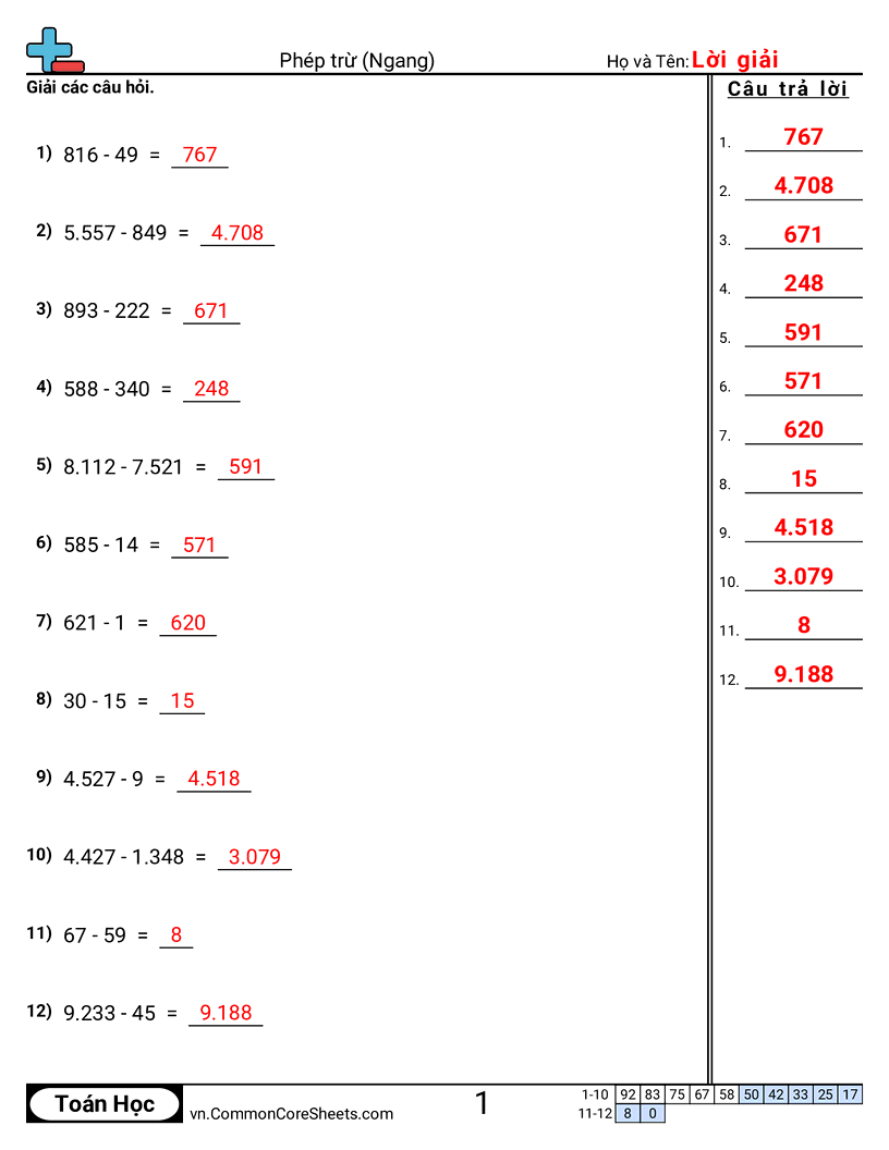 Trang về phép trừ - phep-tru-ngang worksheet