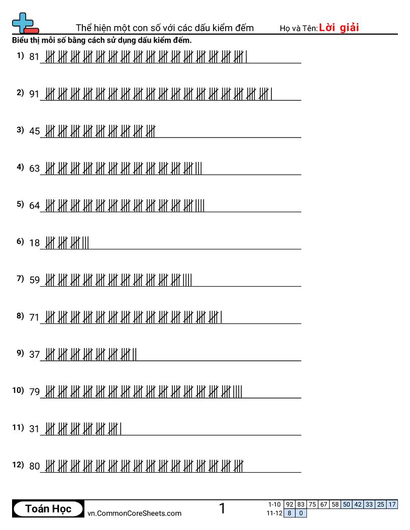 Biểu diễn một số bằng vạch đếm worksheet preview