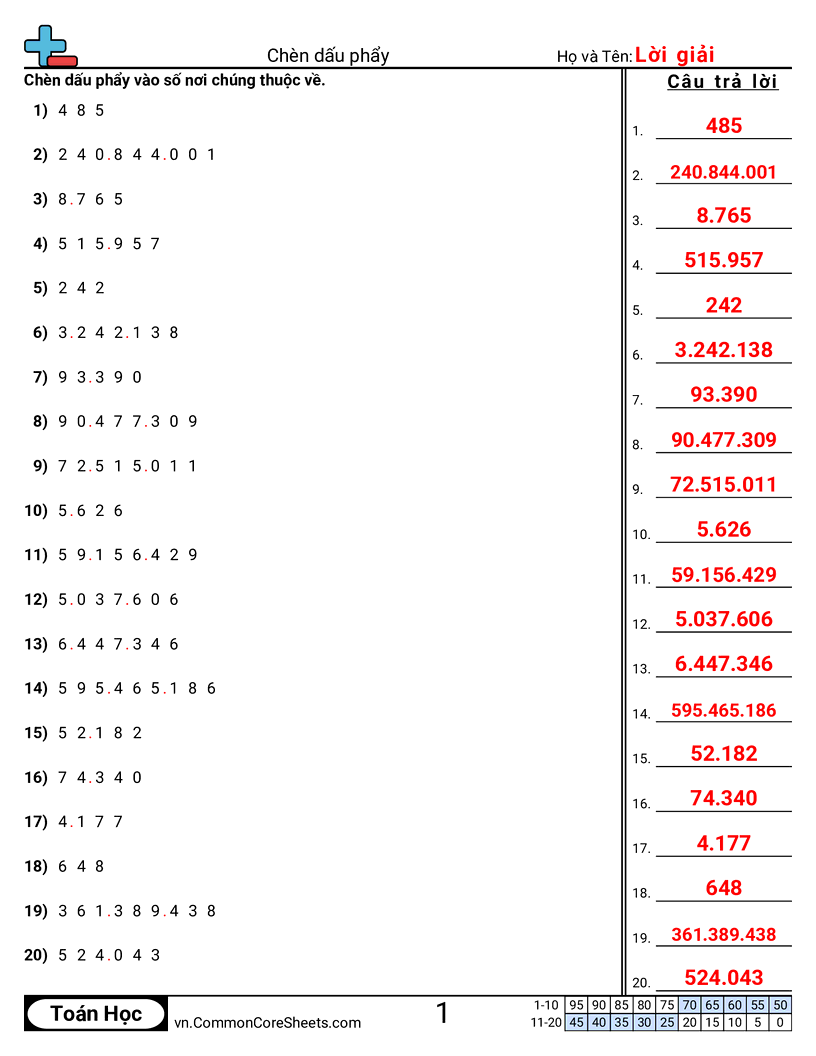 Chèn dấu phẩy worksheet preview